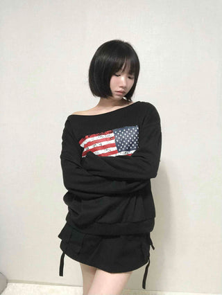 Washington American Flag Loose Fit Off-Shoulder Sweatshirt