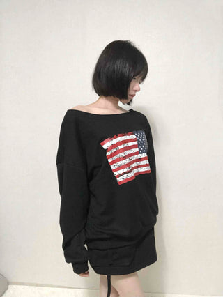 Washington American Flag Loose Fit Off-Shoulder Sweatshirt