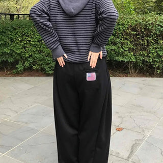 Effortless American Flag Plain Cotton Long Pants