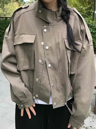 Basic, Domestically Produced Plain Mandarin Collar Field Jacket
