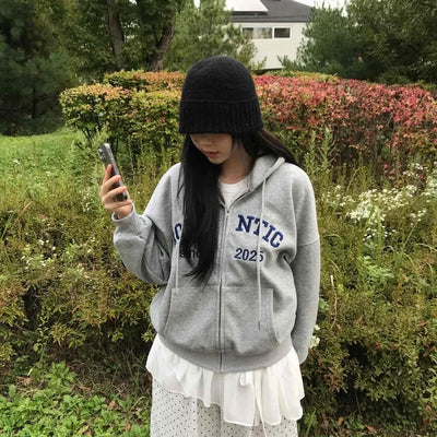 Romantic Embroidered Lettering Loose Fit Zip-Up Hoodie