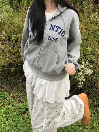 Romantic Embroidered Lettering Loose Fit Zip-Up Hoodie