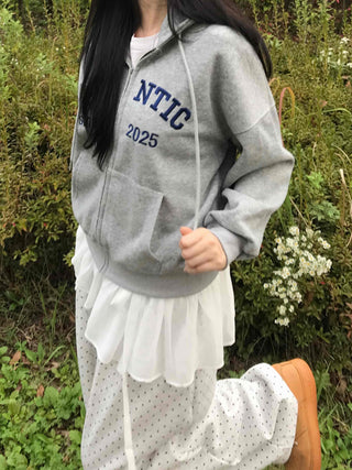 Romantic Embroidered Lettering Loose Fit Zip-Up Hoodie