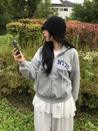 Romantic Embroidered Lettering Loose Fit Zip-Up Hoodie