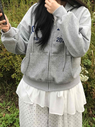 Romantic Embroidered Lettering Loose Fit Zip-Up Hoodie