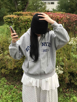 Romantic Embroidered Lettering Loose Fit Zip-Up Hoodie