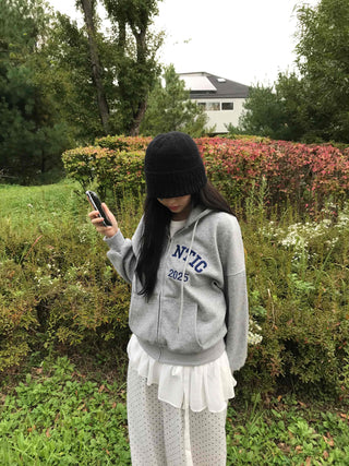 Romantic Embroidered Lettering Loose Fit Zip-Up Hoodie