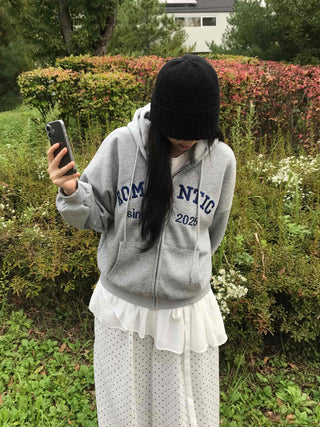 Romantic Embroidered Lettering Loose Fit Zip-Up Hoodie