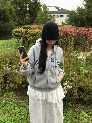 Romantic Embroidered Lettering Loose Fit Zip-Up Hoodie