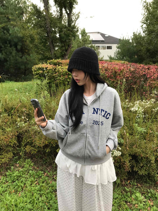 Romantic Embroidered Lettering Loose Fit Zip-Up Hoodie