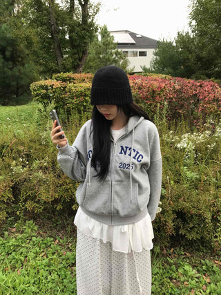 Romantic Embroidered Lettering Loose Fit Zip-Up Hoodie