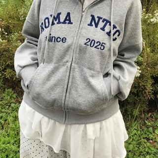 Romantic Embroidered Lettering Loose Fit Zip-Up Hoodie