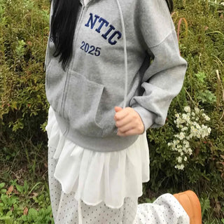Romantic Embroidered Lettering Loose Fit Zip-Up Hoodie