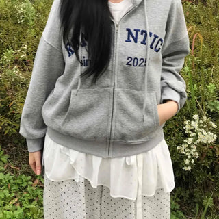 Romantic Embroidered Lettering Loose Fit Zip-Up Hoodie