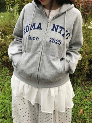 Romantic Embroidered Lettering Loose Fit Zip-Up Hoodie