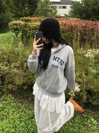 Romantic Embroidered Lettering Loose Fit Zip-Up Hoodie