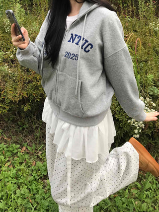 Romantic Embroidered Lettering Loose Fit Zip-Up Hoodie