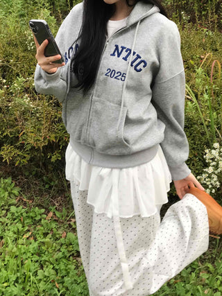 Romantic Embroidered Lettering Loose Fit Zip-Up Hoodie