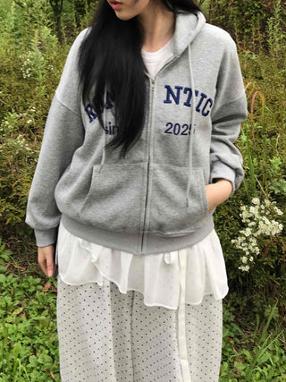 Romantic Embroidered Lettering Loose Fit Zip-Up Hoodie