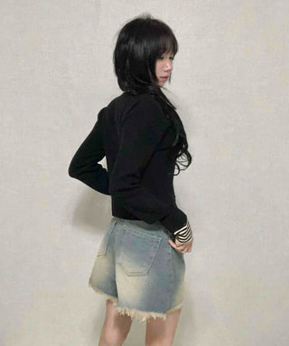 Cat Sand Washed Knee-length Denim Pocket Shorts