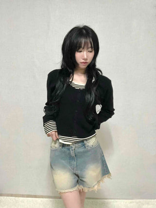 Cat Sand Washed Knee-length Denim Pocket Shorts
