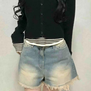Cat Sand Washed Knee-length Denim Pocket Shorts