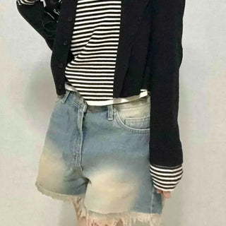Cat Sand Washed Knee-length Denim Pocket Shorts