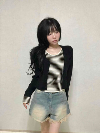 Cat Sand Washed Knee-length Denim Pocket Shorts
