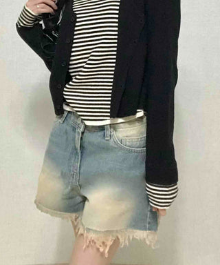 Cat Sand Washed Knee-length Denim Pocket Shorts