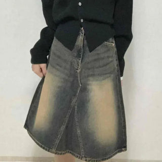 Vintage washed dark blue denim midi skirt
