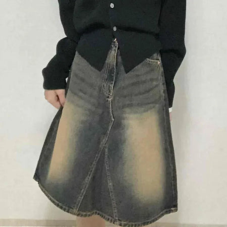 Vintage washed dark blue denim midi skirt
