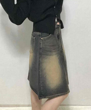 Vintage washed dark blue denim midi skirt