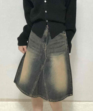 Vintage washed dark blue denim midi skirt