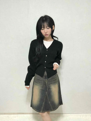 Vintage washed dark blue denim midi skirt