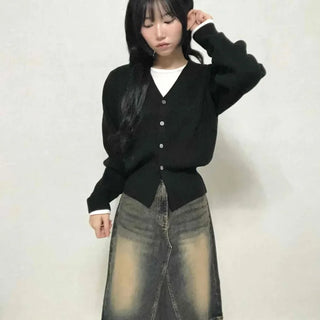 Vintage washed dark blue denim midi skirt