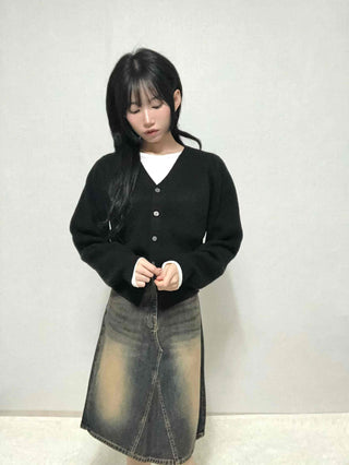 Vintage washed dark blue denim midi skirt