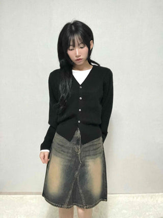 Vintage washed dark blue denim midi skirt