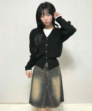 Vintage washed dark blue denim midi skirt
