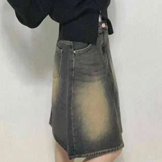 Vintage washed dark blue denim midi skirt
