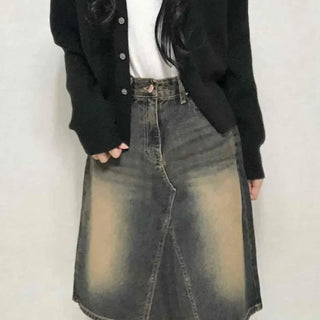 Vintage washed dark blue denim midi skirt