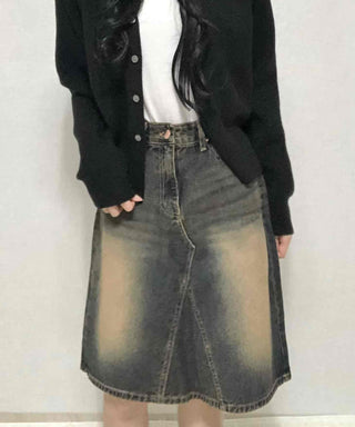 Vintage washed dark blue denim midi skirt