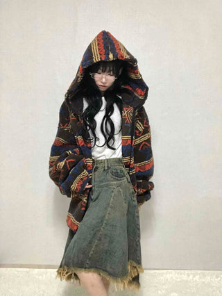 Grunge Asymmetrical Denim Flare Midi Skirt