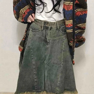 Grunge Asymmetrical Denim Flare Midi Skirt
