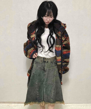 Grunge Asymmetrical Denim Flare Midi Skirt