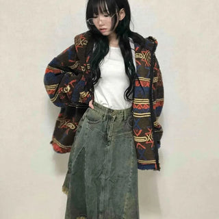 Grunge Asymmetrical Denim Flare Midi Skirt