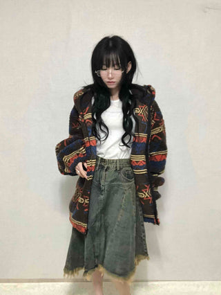 Grunge Asymmetrical Denim Flare Midi Skirt