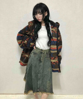 Grunge Asymmetrical Denim Flare Midi Skirt