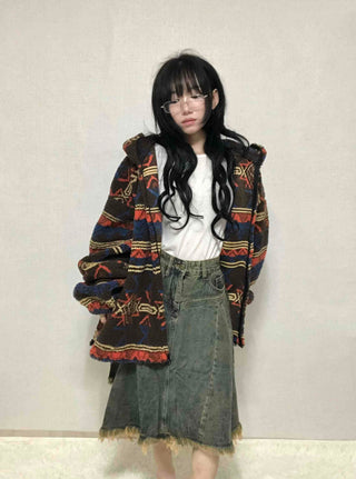 Grunge Asymmetrical Denim Flare Midi Skirt