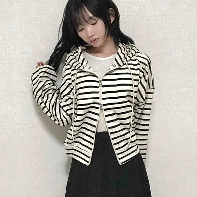 Basic Striped Two-Way Zip-Up Hoodie
