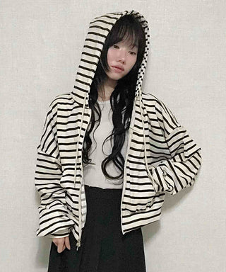 Basic Striped Two-Way Zip-Up Hoodie